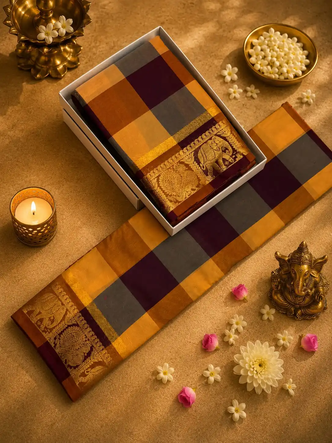 Royal Elephant Parade Chettinad Checked Saree